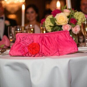 Express Clutch Hot Pink Satin Handbag Rosette Hinged Frame Bag Wedding Formal